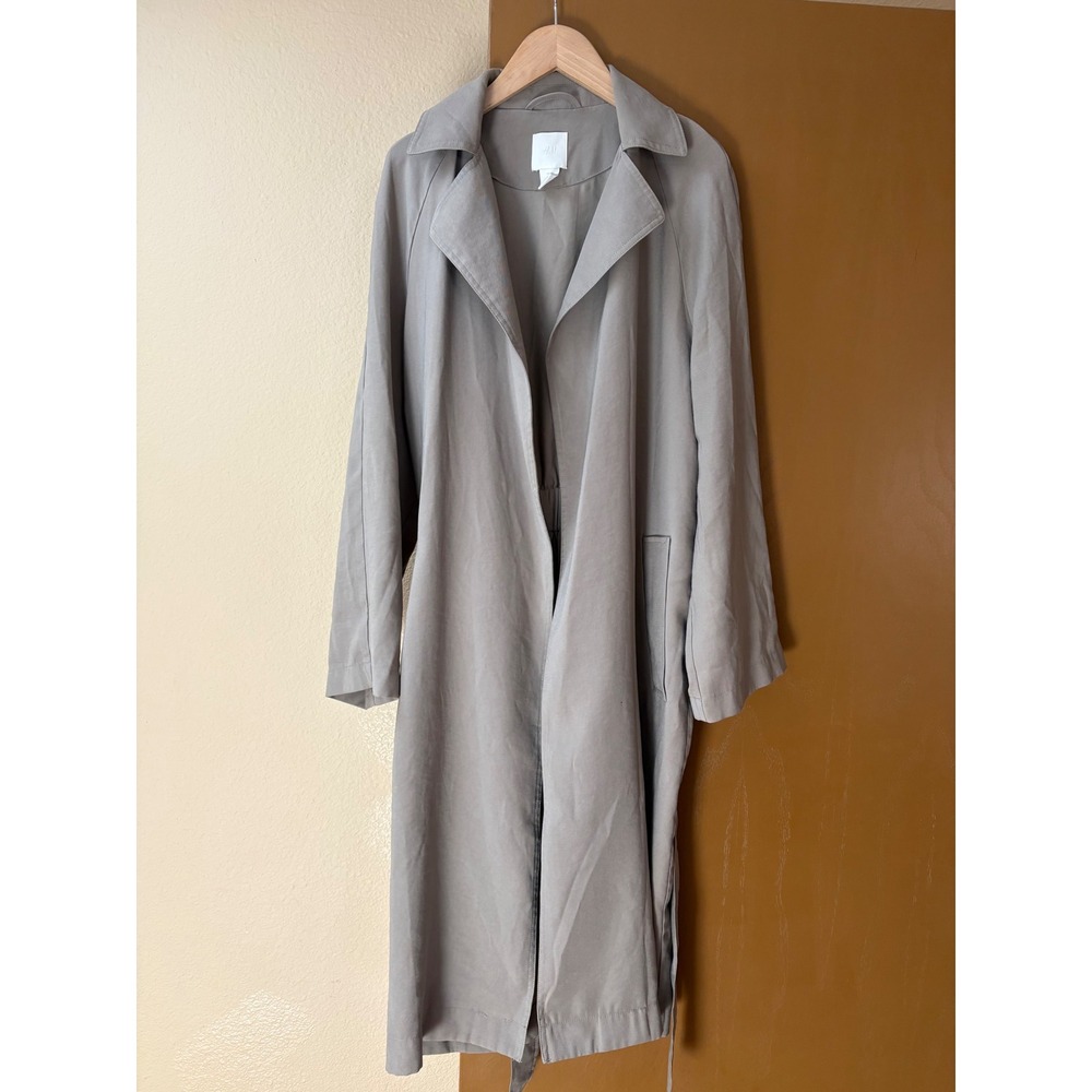 HM Womens Taupe Grey Long Trench Coat Duster Open Front Tie Waist XS 09517753
